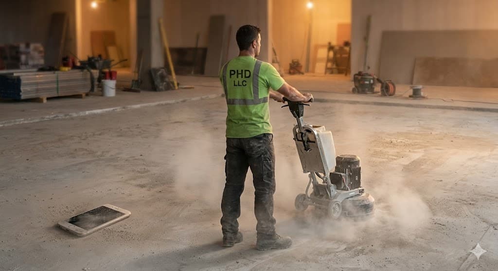 Concrete worker polishing floor with phone on ground, a missed call