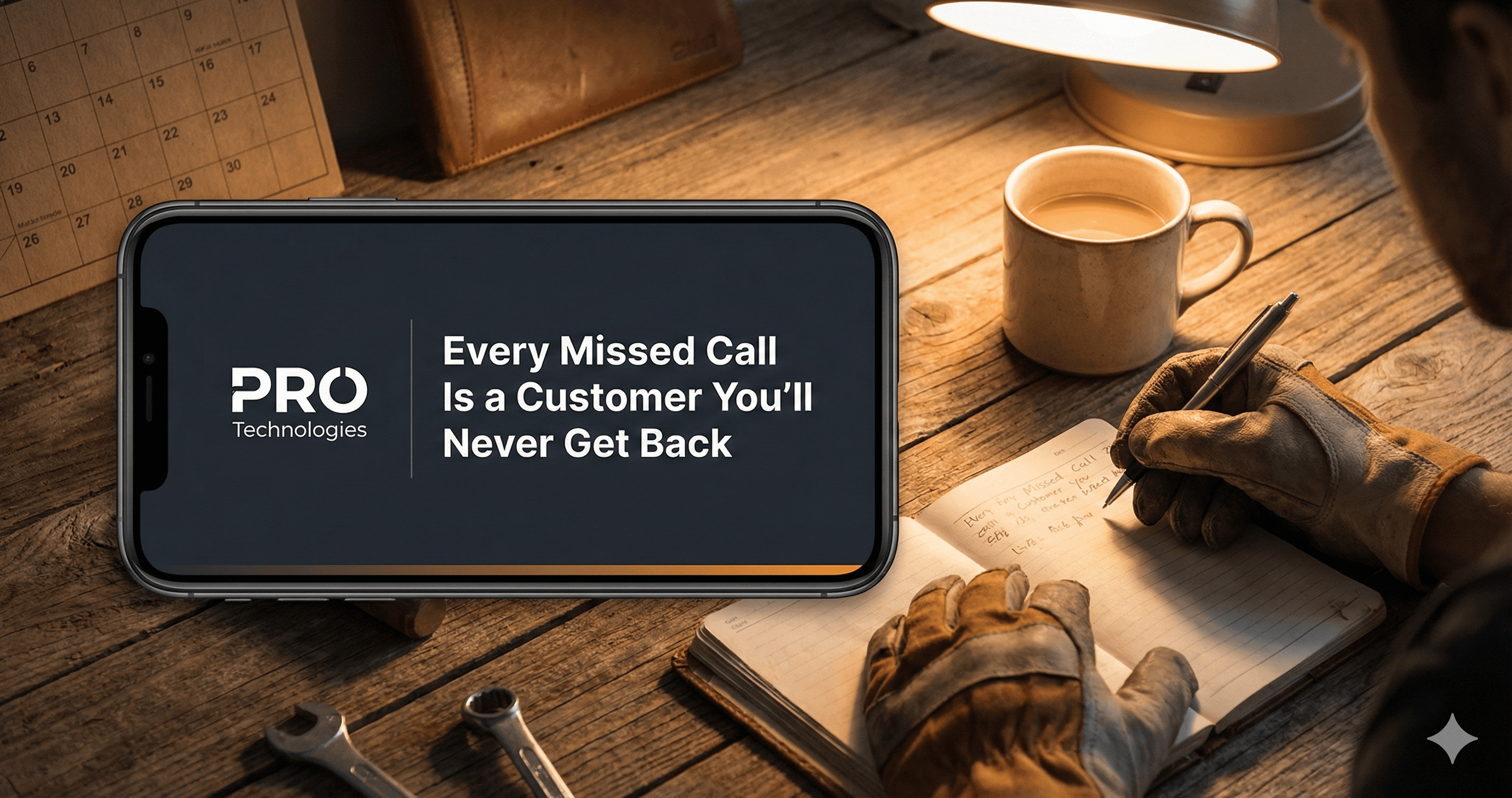 Phone on work desk with PRO Technologies branding