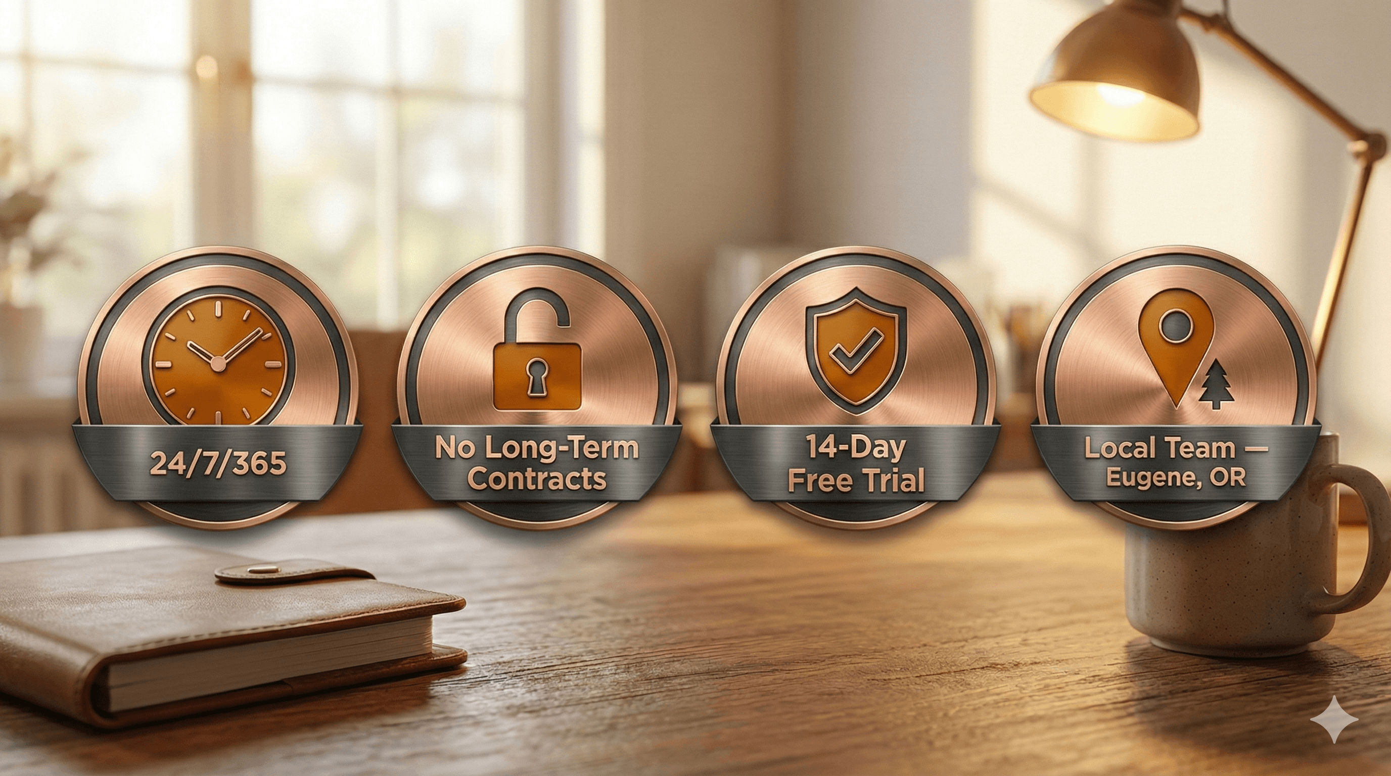 Trust badges: 24/7/365, No Long-Term Contracts, 14-Day Free Trial, Local Team in Eugene OR