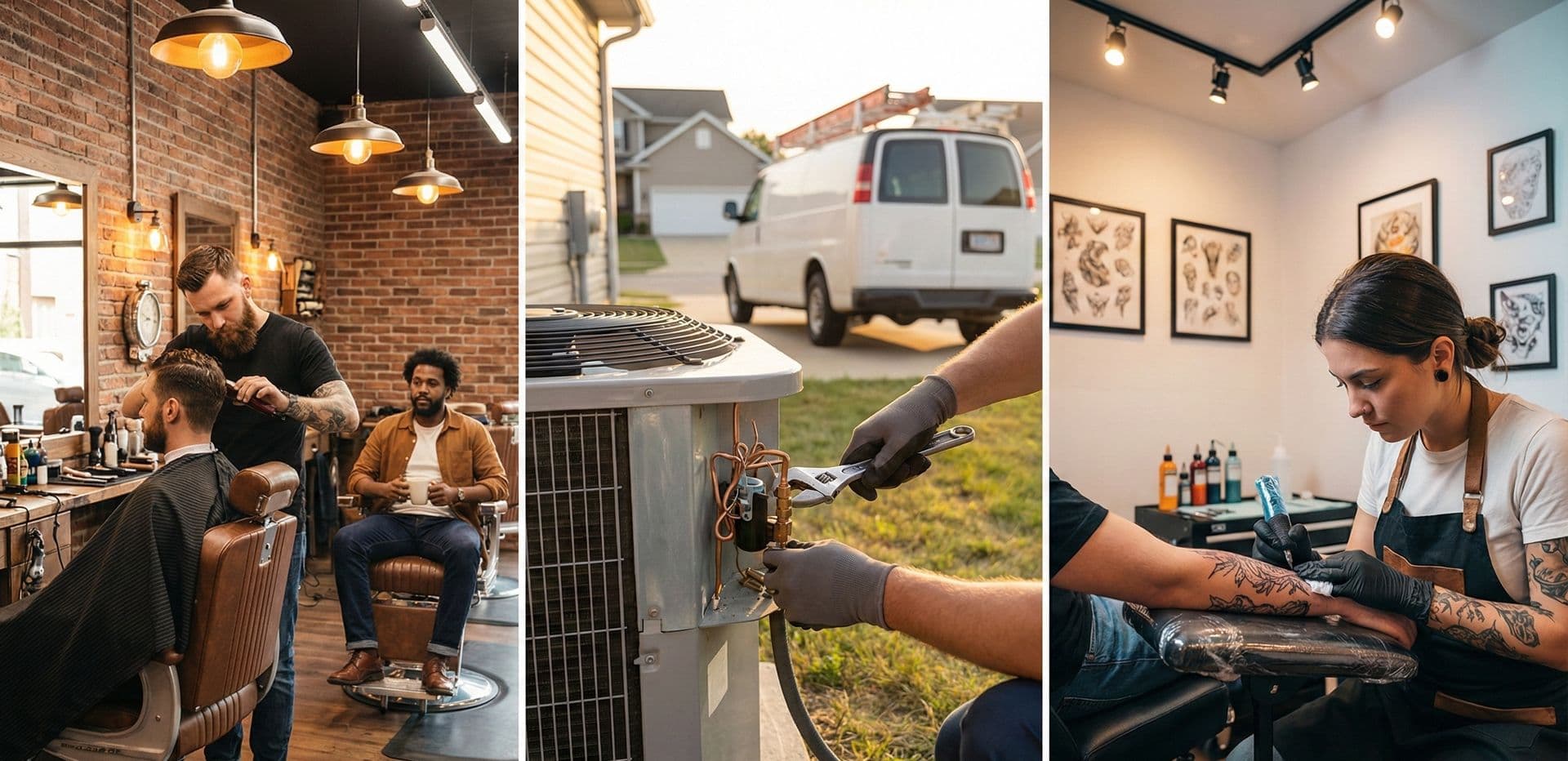 Three industries served: barber shop, HVAC technician, and tattoo studio